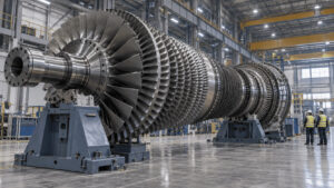 Heavy-duty gas turbine rotor on the assembly floor of a manufacturing plant with technicians working alongside it