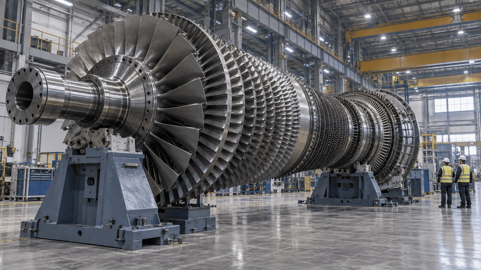 Heavy-duty gas turbine rotor on the assembly floor of a manufacturing plant with technicians working alongside it