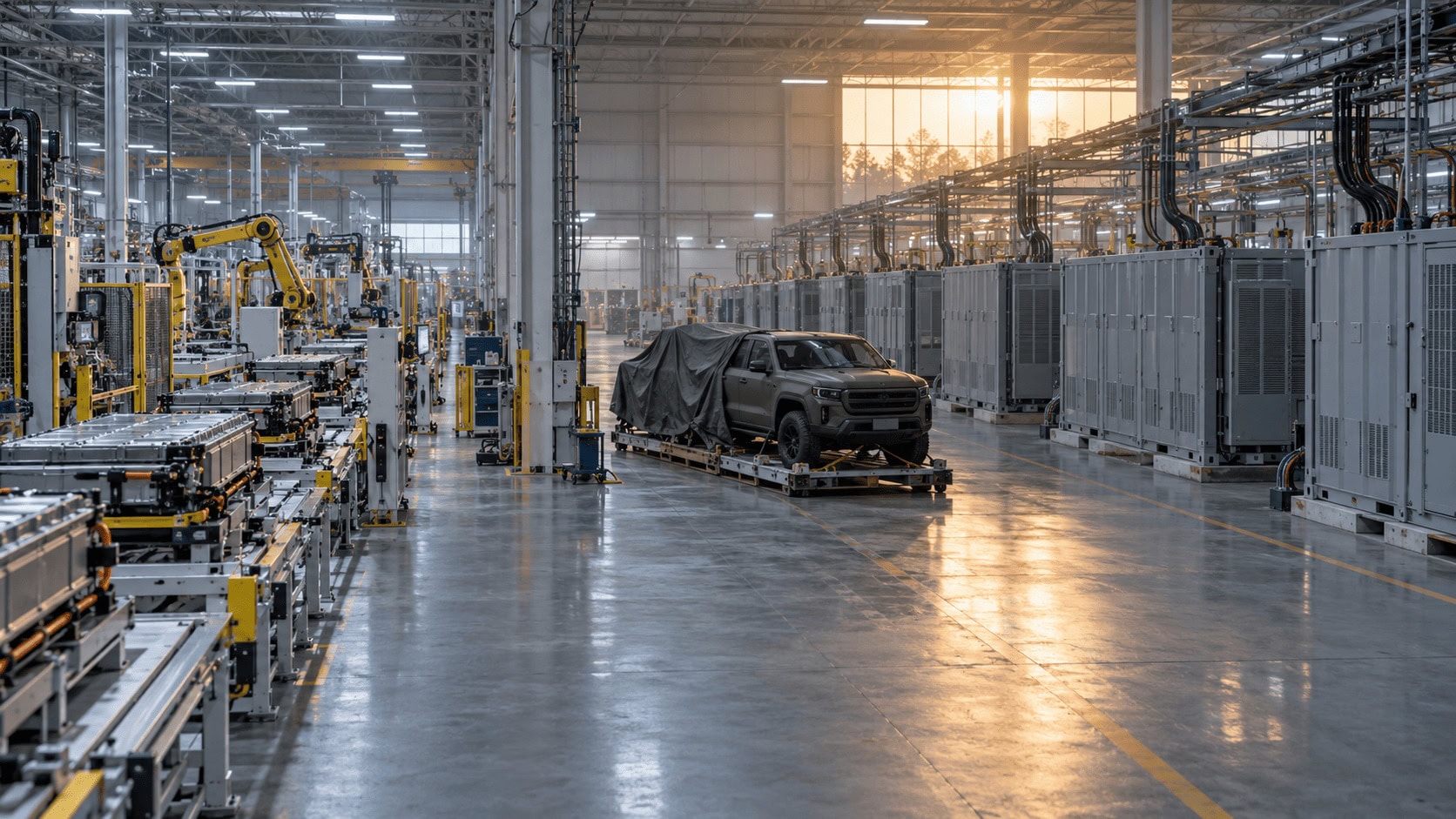 A US battery plant floor split between EV battery assembly lines and rows of grid energy storage containers, with an unmarked military-style pickup nearby.