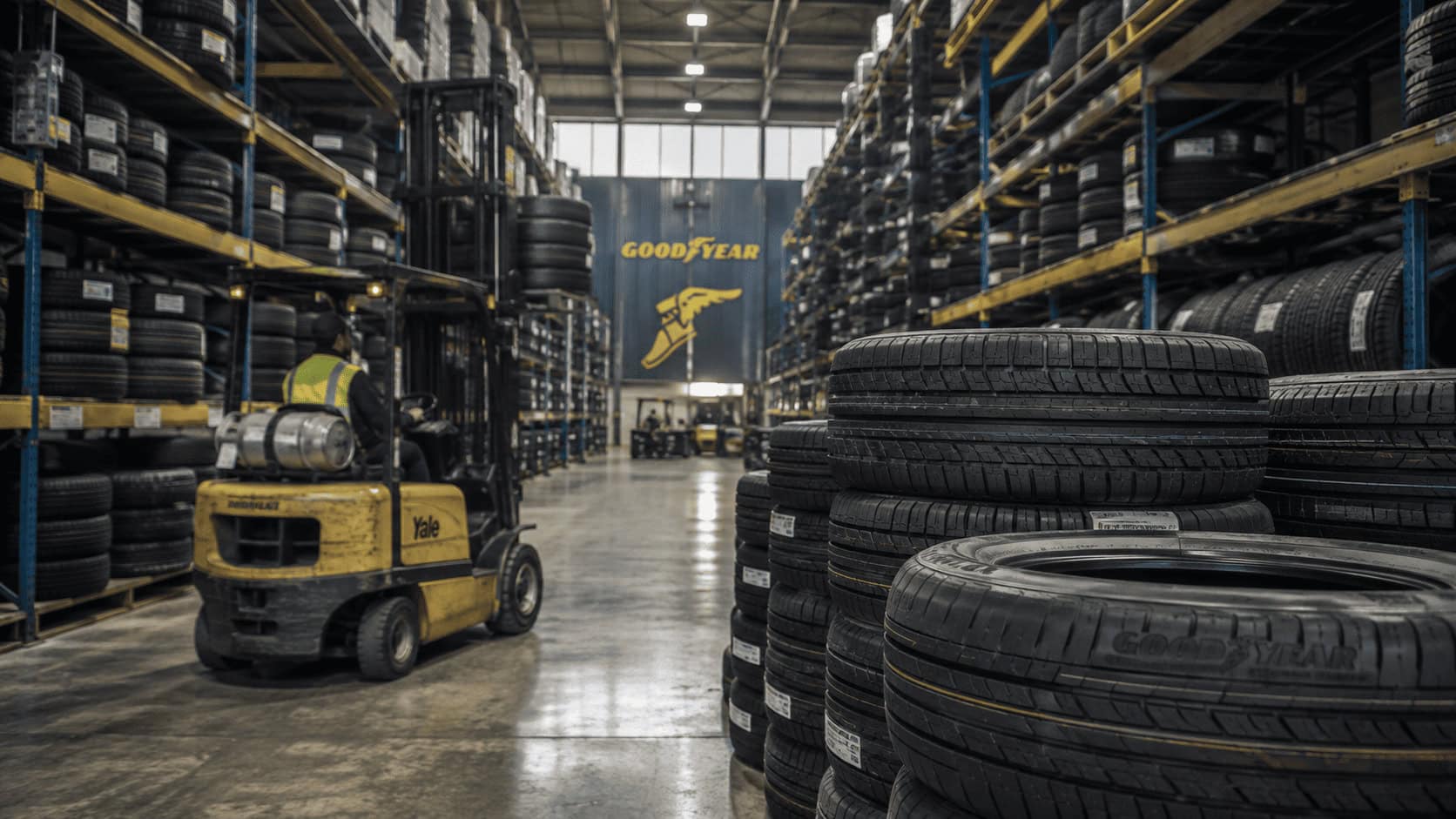 Rows of stacked Goodyear tires on warehouse racking with Goodyear branding visible on wall signage