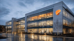 GSK signage on a modern glass research building at dusk, with laboratory windows lit from within