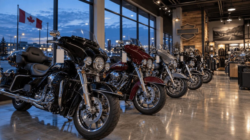 New Harley-Davidson touring motorcycles lined up on a Canadian dealership floor