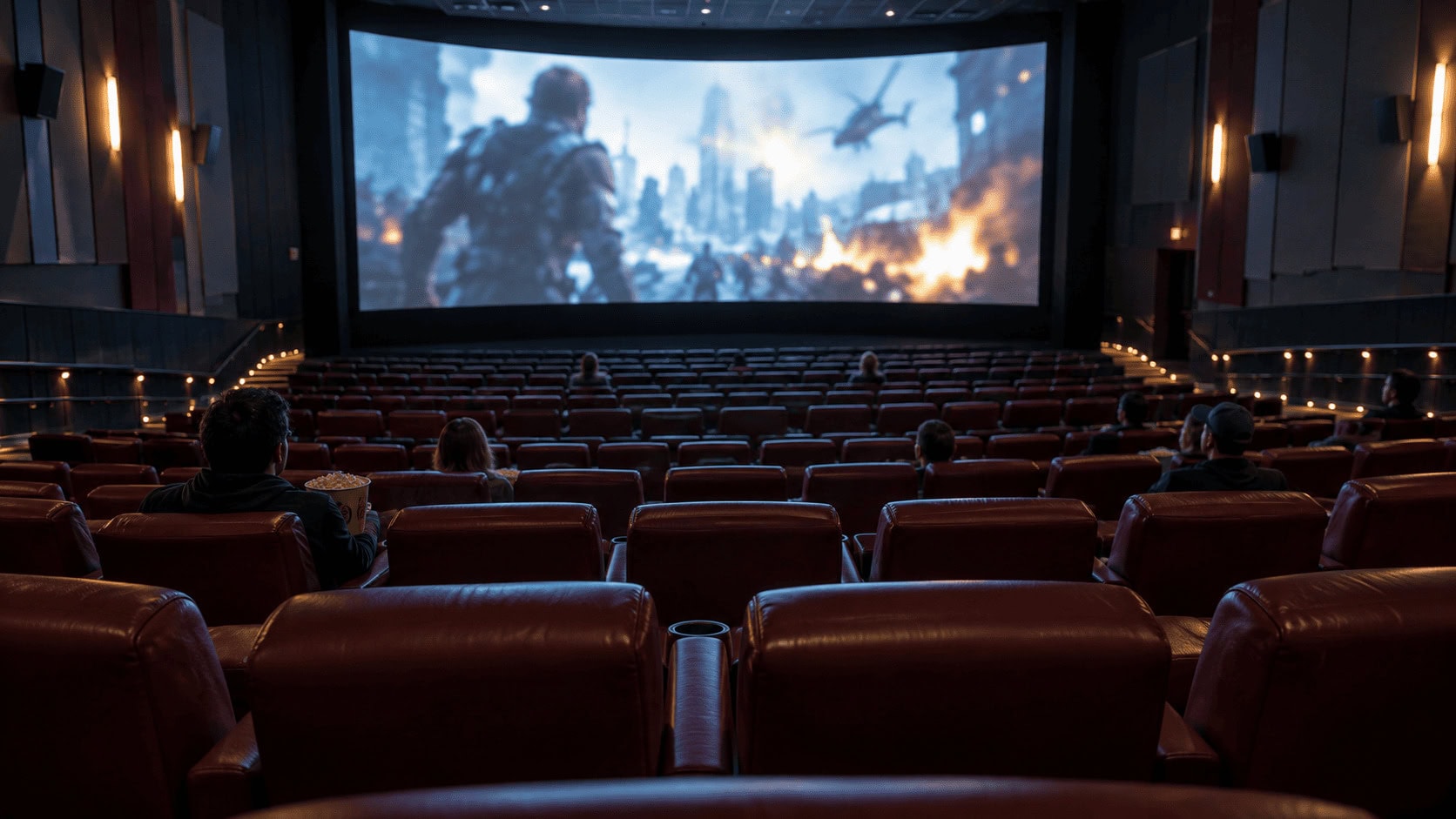 A mostly empty modern multiplex auditorium with a lit screen and a few scattered moviegoers during a summer blockbuster showing