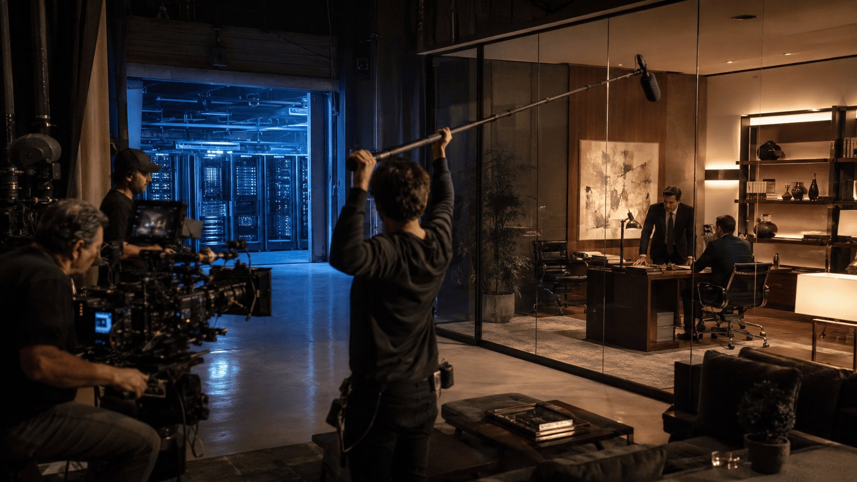 Film crew shooting a law office scene on a Hollywood soundstage with data center server racks visible through the open stage door behind them.
