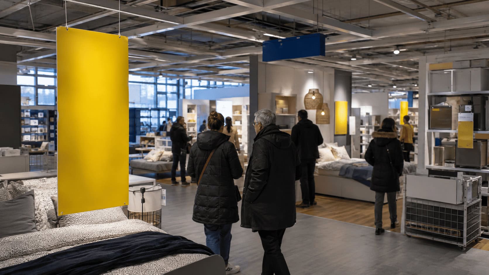 Shoppers browsing furniture displays inside a large IKEA store in Europe during the 2026 price cuts