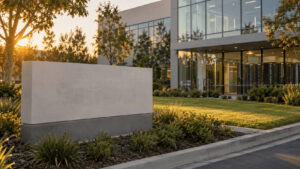 Blank monument sign outside a Silicon Valley office park with old lettering outlines still faintly visible on the panel.