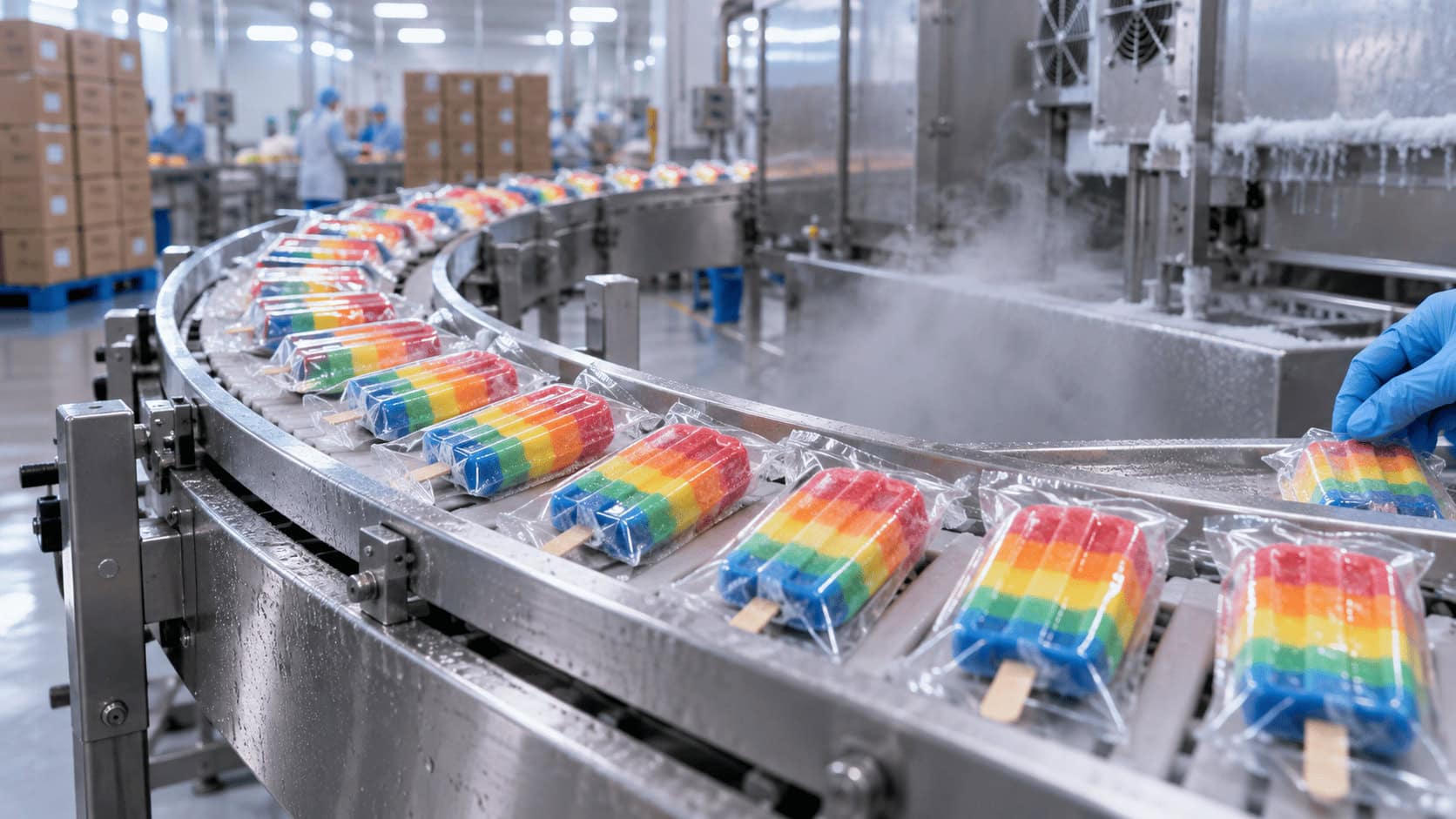 Rainbow-layered ice pops in printed wrappers moving along a stainless steel conveyor inside a frozen food production plant