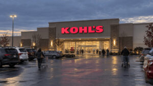 A Kohl's department store exterior at dusk, the retailer whose second-quarter gross margin gain came almost entirely from tariff refunds.