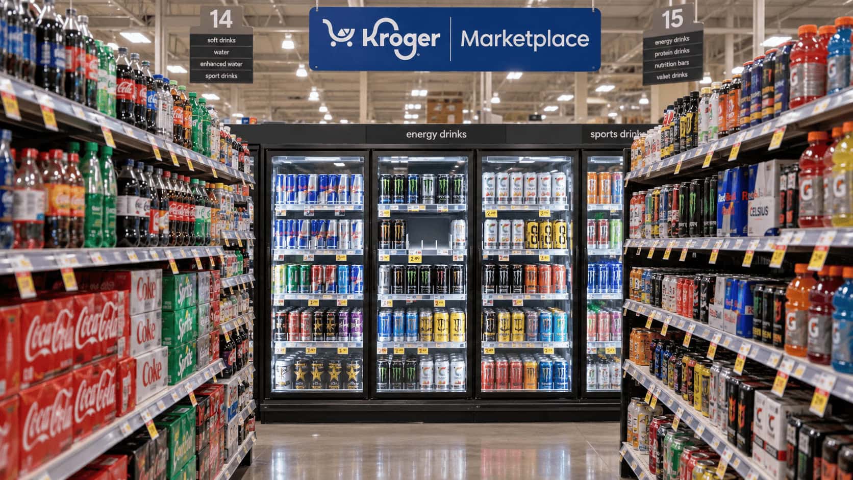 Pasillo de supermercado Kroger Marketplace con etiquetas de precio en los estantes y un refrigerador vacío de bebidas energéticas