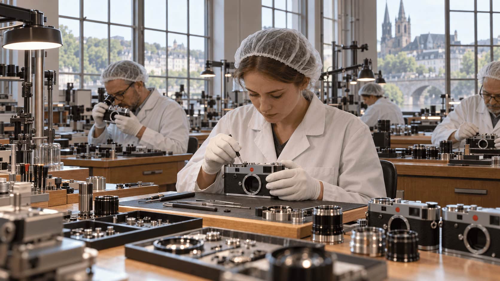 Técnicos con redecillas para el cabello ensamblan a mano cuerpos de cámaras telemétricas en bancos de trabajo dentro de una fábrica de cámaras alemana