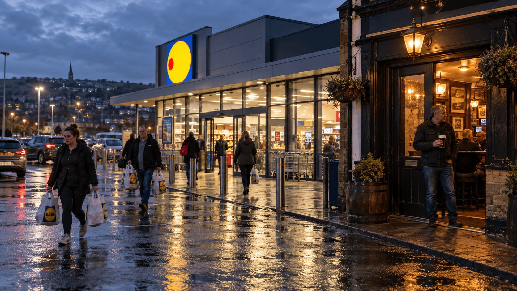 Lidl supermarket exterior in east Belfast with a separate pub entrance beside the store at dusk