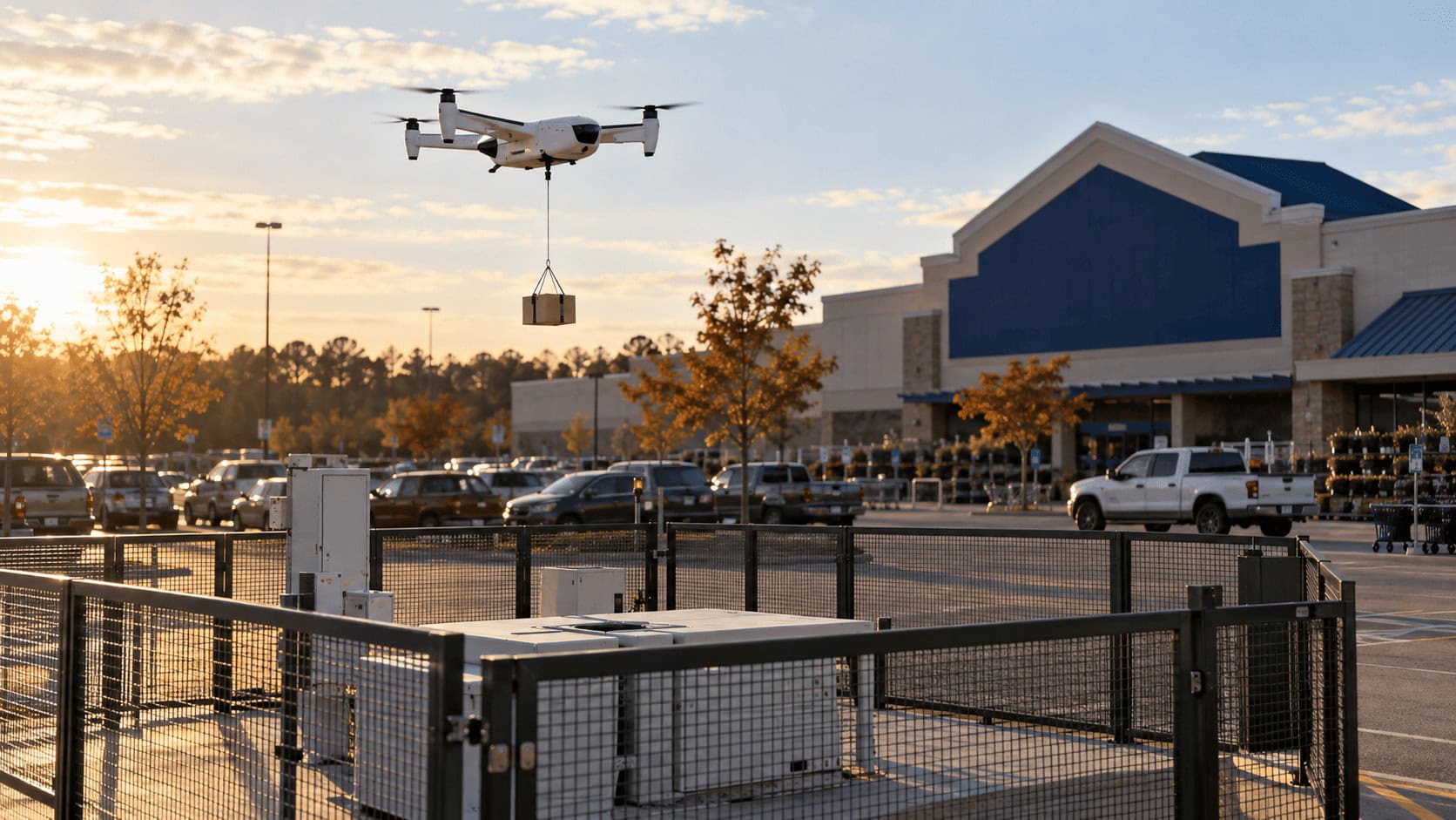 Un dron de reparto con alas despega de un nido cercado en el estacionamiento de una tienda Lowe's en Matthews, Carolina del Norte