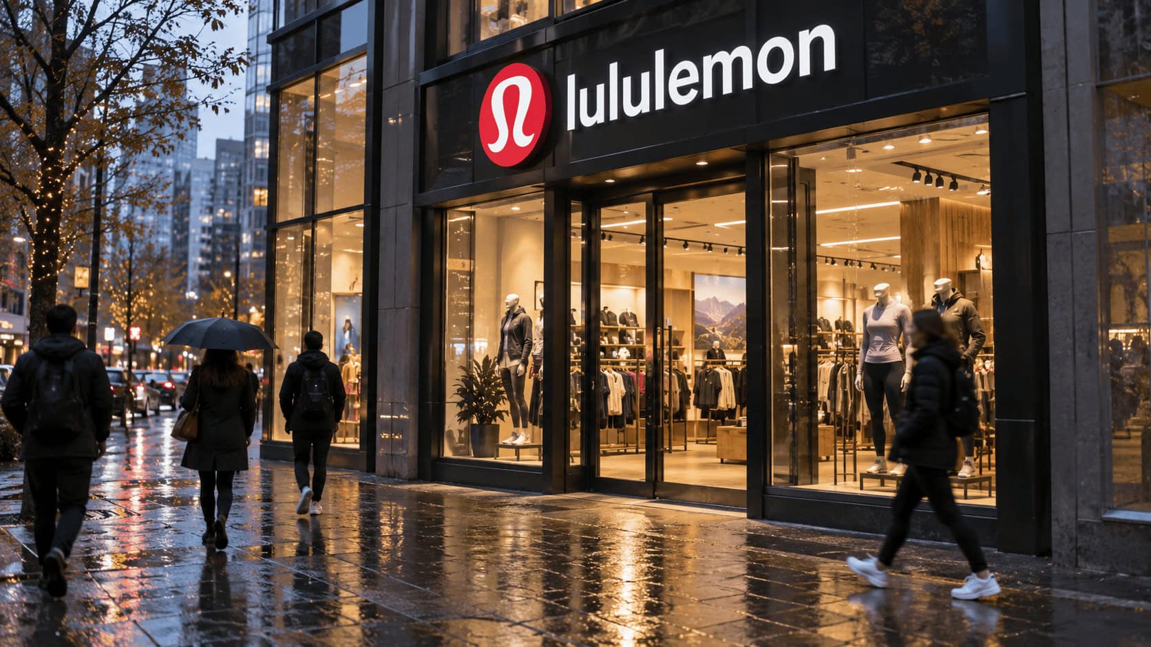 Shoppers walking past a lululemon storefront with the brand's logo visible above the entrance.