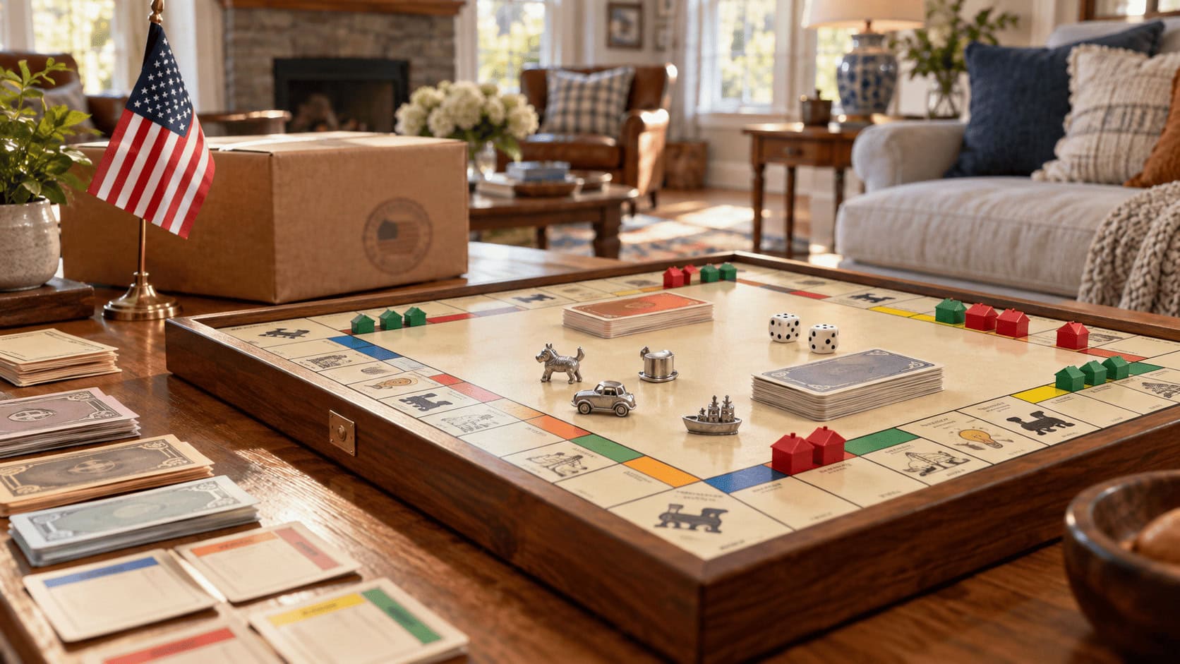 Juego de mesa de lujo estilo Monopoly sobre una mesa de centro junto a una caja de envío fabricada en EE. UU