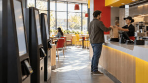 Unused self-order kiosks in the foreground of a fast-food restaurant while a crew member serves a customer at the staffed front counter behind them