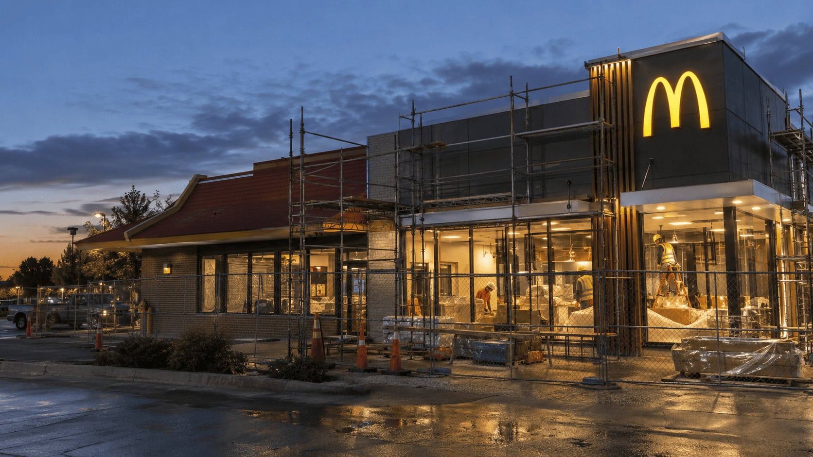 Un restaurante McDonald's en obras al anochecer, con andamios en la fachada y el letrero de los arcos dorados iluminado sobre la valla de construcción