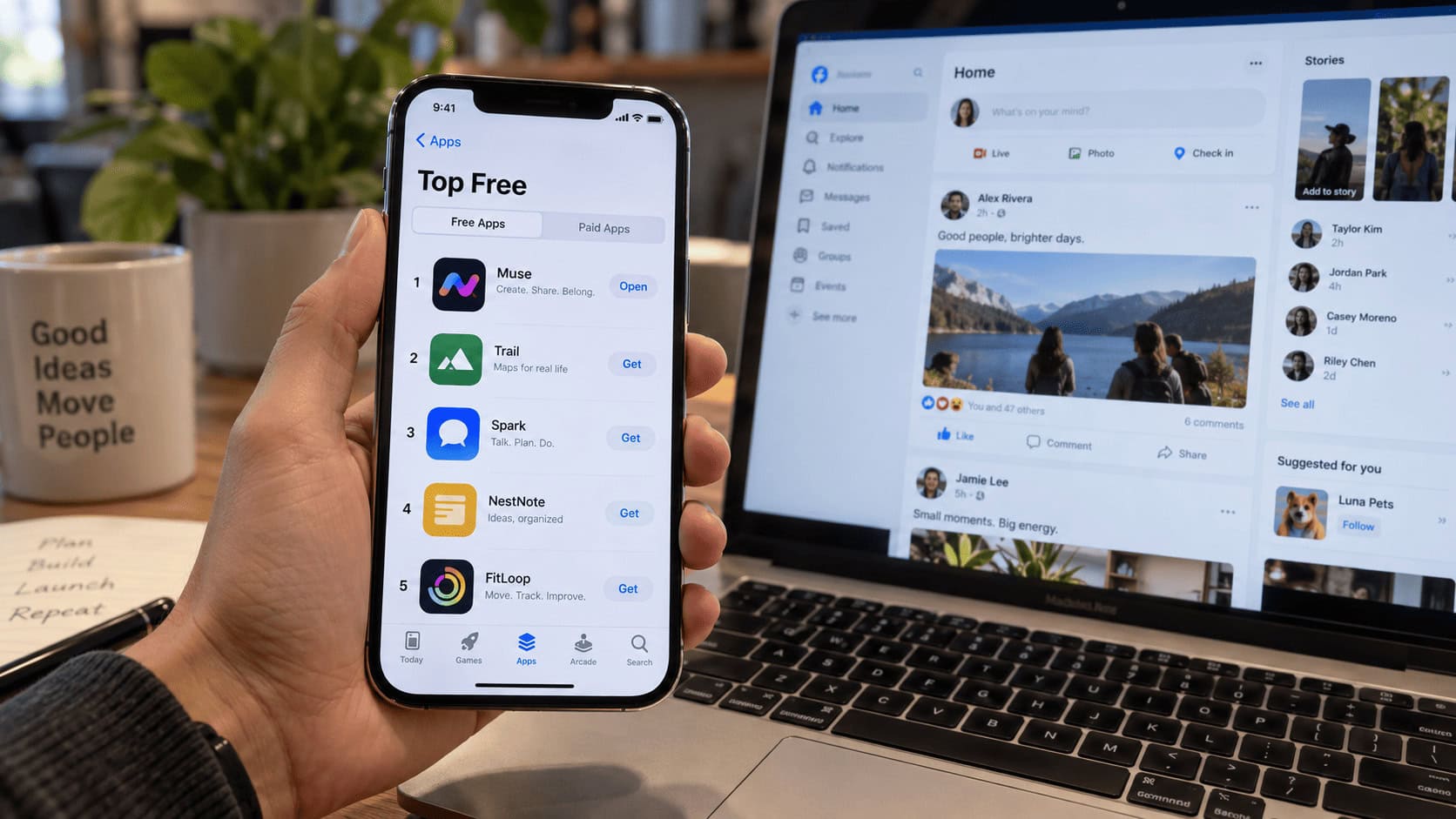 Un teléfono inteligente muestra la aplicación de agente de IA Muse de Meta en la parte superior de la lista de aplicaciones gratuitas de la App Store, junto a una computadora portátil que muestra una publicación de Facebook