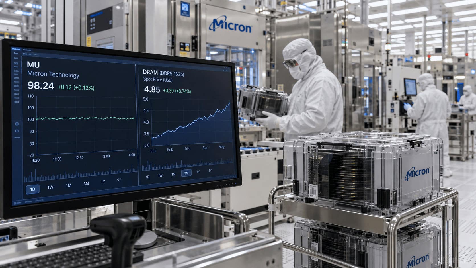 Sala limpia de la fábrica de memorias de Micron con técnicos manipulando obleas mientras los inversores sopesan los precios máximos en los contratos a largo plazo de Micron con sus clientes