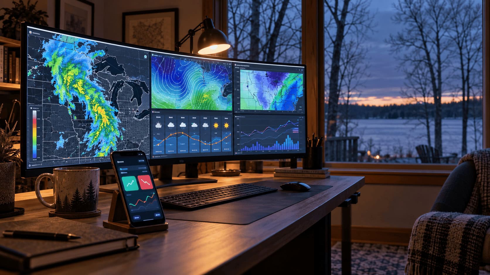 Radar meteorológico y gráficos de temperatura en un monitor de oficina en casa junto a un teléfono inteligente que muestra una aplicación de negociación de mercado predictivo
