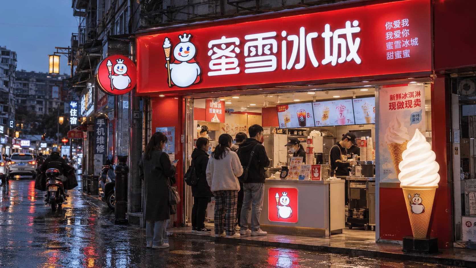 La fachada de una tienda Mixue al anochecer, con su vitrina iluminada de conos de helado suave y una cola de clientes en el mostrador.