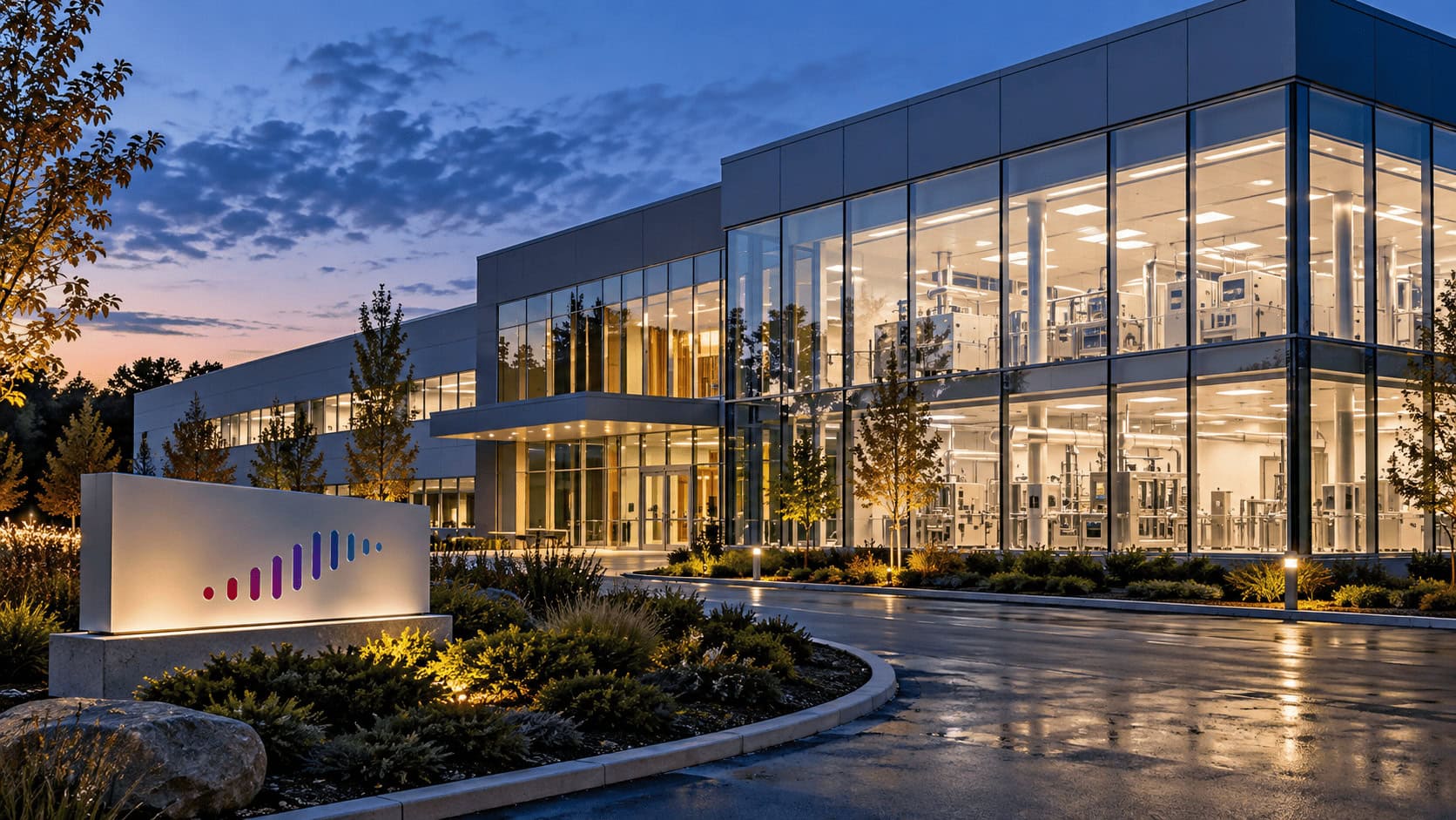 Modern biotech manufacturing building at dusk with lit clean-room windows, representing Moderna's personalized cancer vaccine plant
