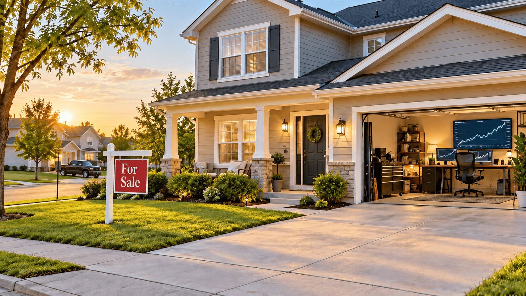 Un cartel de "Se vende" frente a una casa suburbana al atardecer, con una pantalla que muestra un gráfico de rendimiento ascendente al fondo