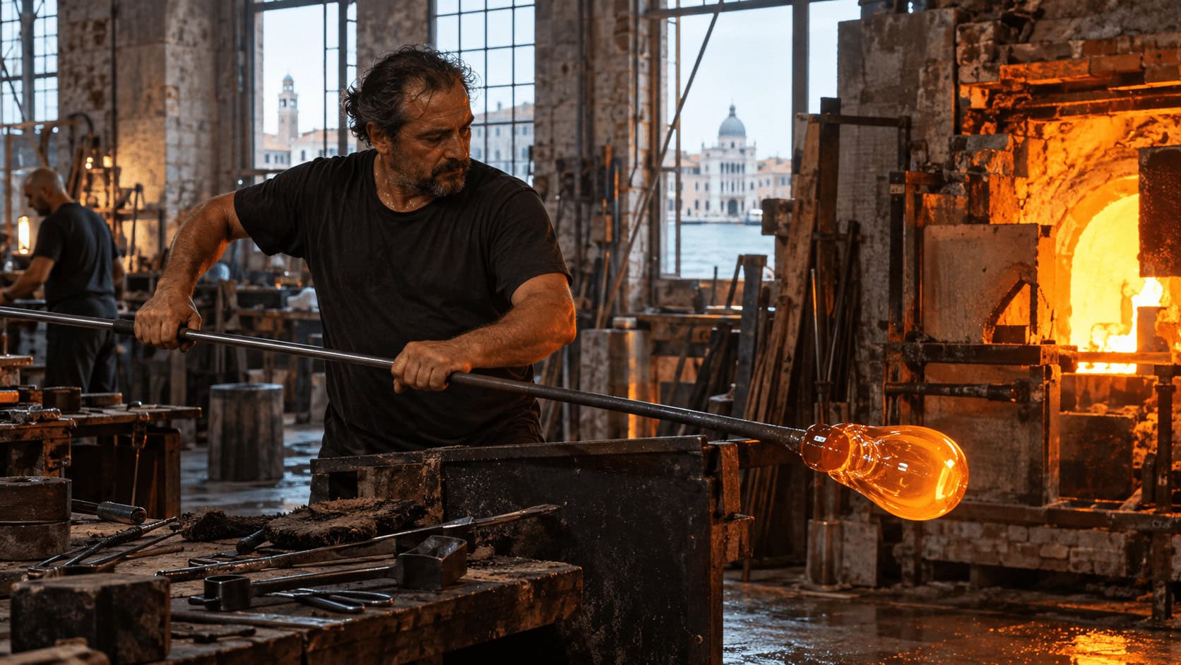 Glassblower shaping molten glass on a blowpipe in front of a glowing Murano furnace at a Venetian glassworks