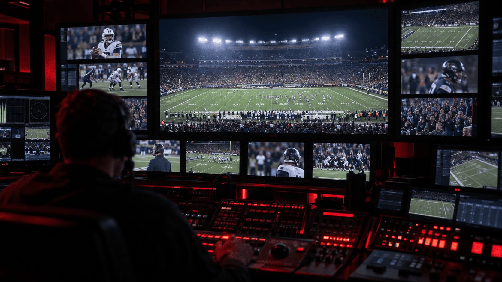 Sala de control de retransmisiones por la noche, monitores que muestran un partido de la NFL en directo en un estadio abarrotado, iluminado en rojo intenso.