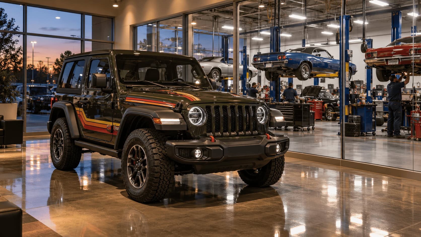 A retro special-edition Jeep Wrangler on a dealership showroom floor, with a full service department of older cars on lifts visible behind it.