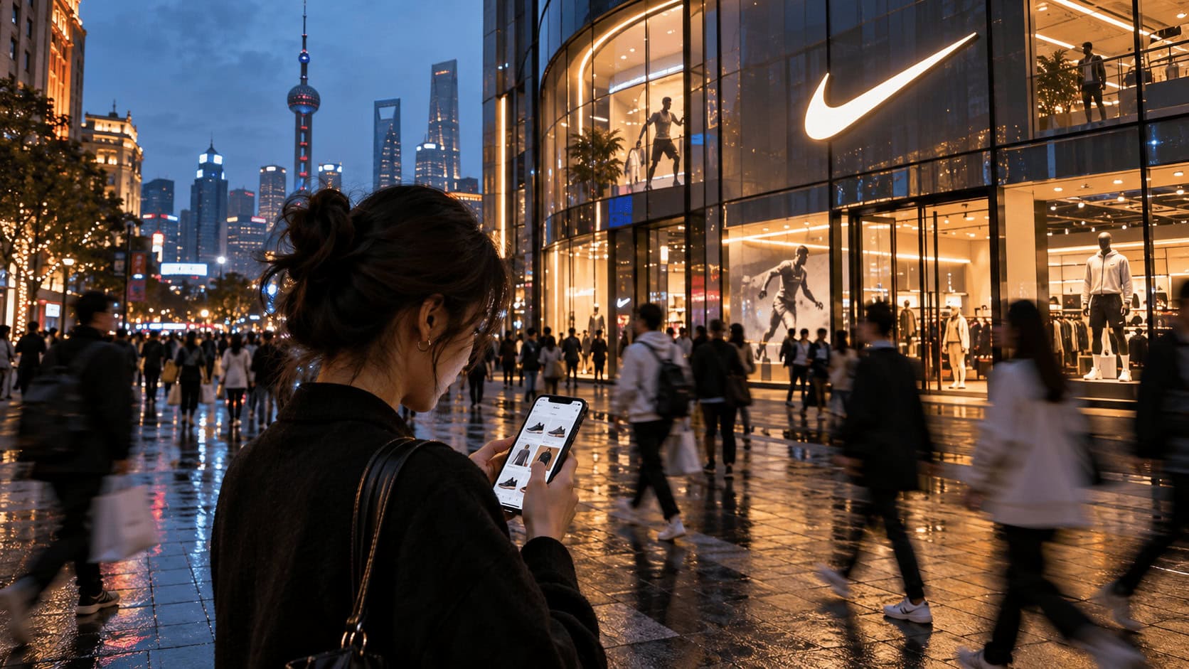 Shoppers walking past a lit Nike store on a Shanghai shopping street at dusk while one checks a shopping app on a phone
