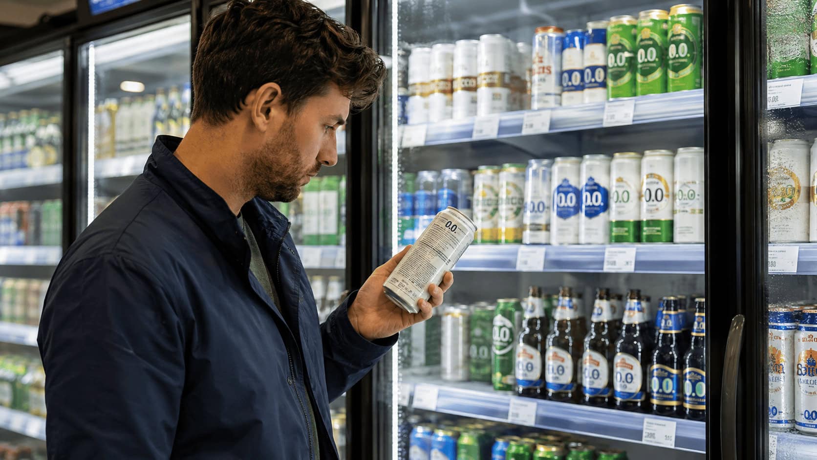 A shopper reading the back label of a nonalcoholic beer can in a grocery store refrigerated aisle.