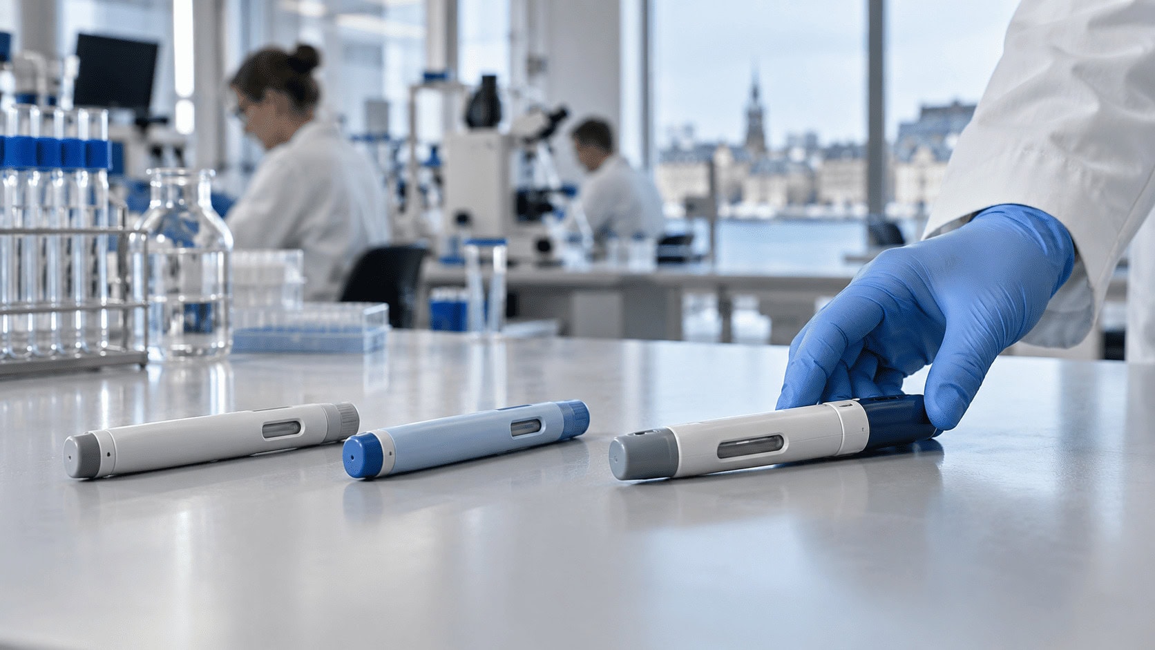 Dos plumas de inyección individuales junto a una pluma combinada en una mesa de laboratorio farmacéutico.