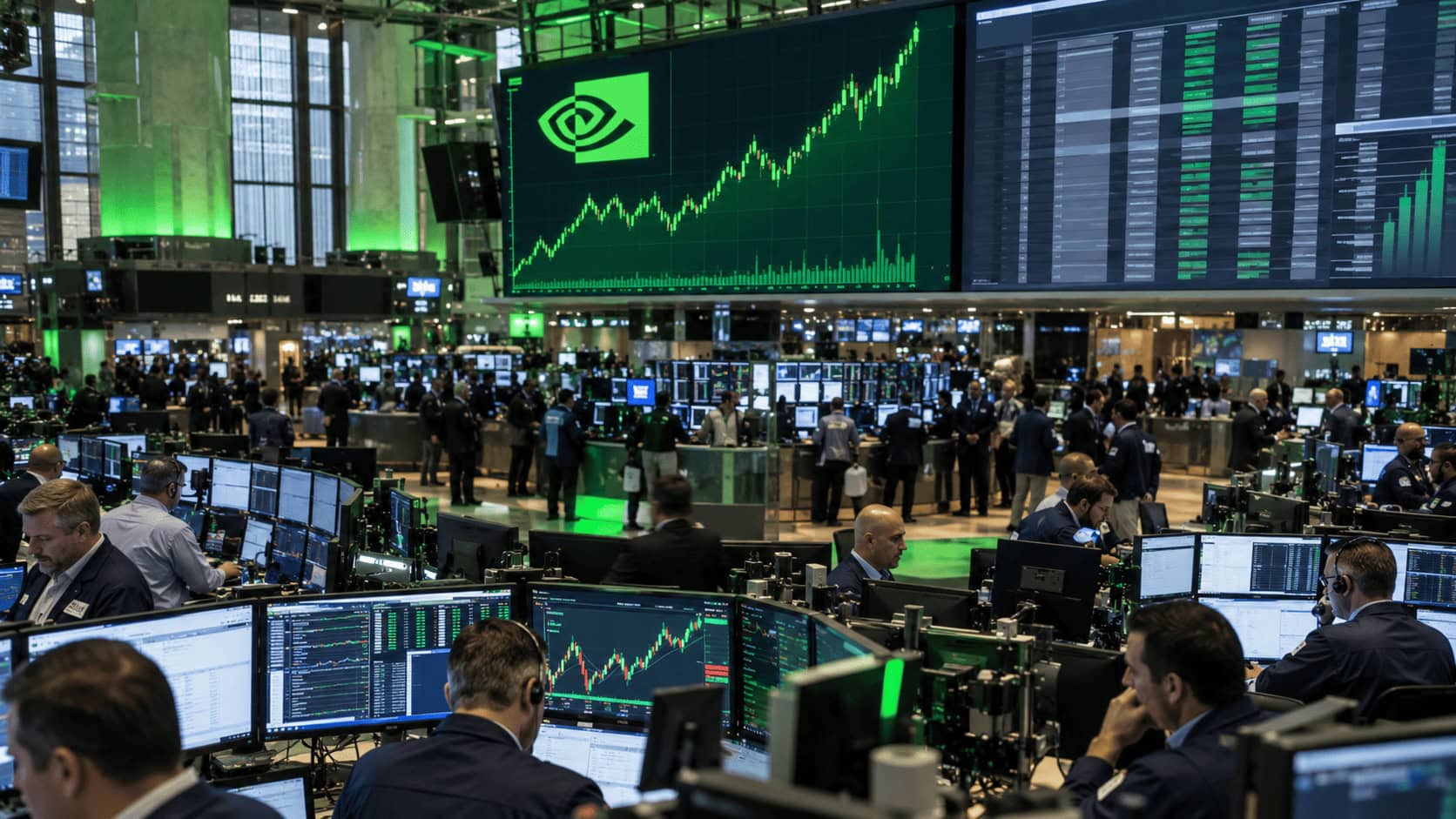Operadores en el parqué de la bolsa observan las pantallas que muestran las acciones de Nvidia tras el anuncio de su programa récord de recompra de acciones por valor de 150.000 millones de dólares.