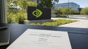 Nvidia headquarters signage with an SEC filing document in the foreground, illustrating the Hugging Face acquisition disclosure