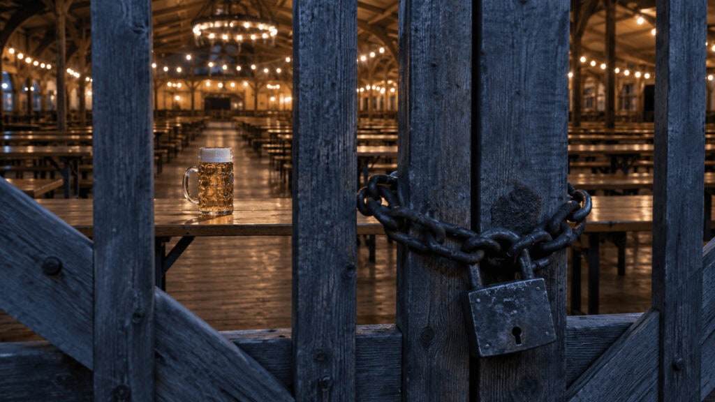Locked gate in front of a full beer stein inside an empty Oktoberfest tent