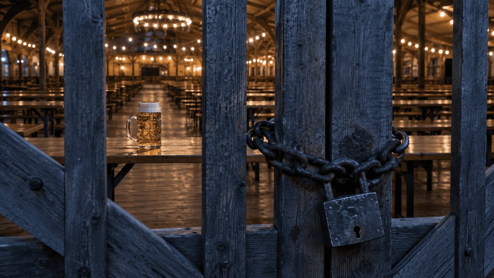 Locked gate in front of a full beer stein inside an empty Oktoberfest tent