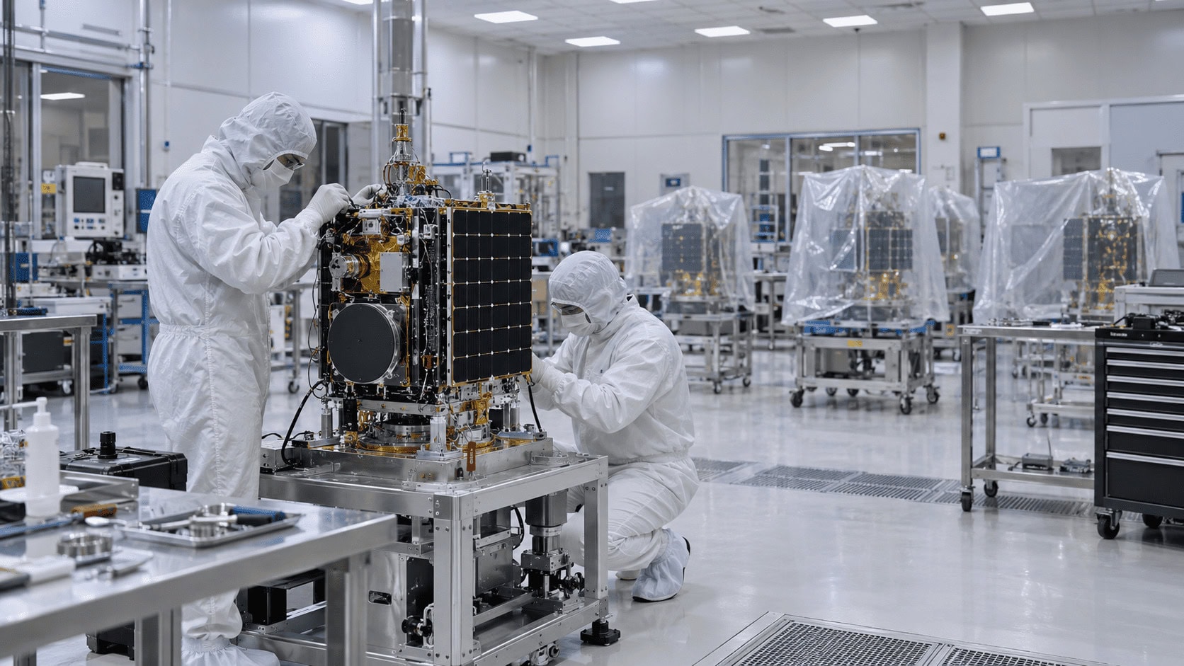 Técnicos en una sala limpia ensamblando un pequeño satélite de observación terrestre en una planta de fabricación de satélites europea