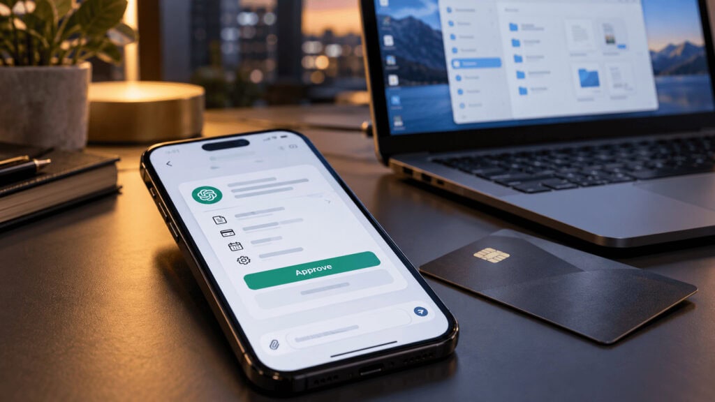 Un teléfono inteligente que muestra un agente de IA solicitando aprobación de compra, junto a una tarjeta de crédito y una computadora portátil