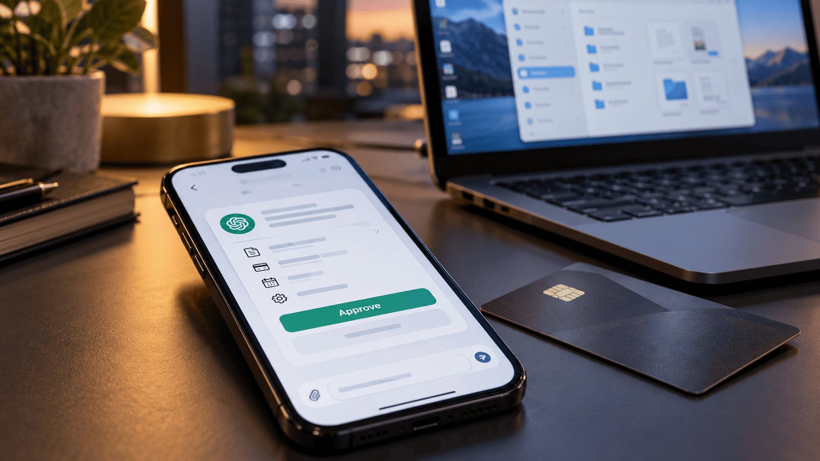Un teléfono inteligente que muestra un agente de IA solicitando aprobación de compra, junto a una tarjeta de crédito y una computadora portátil