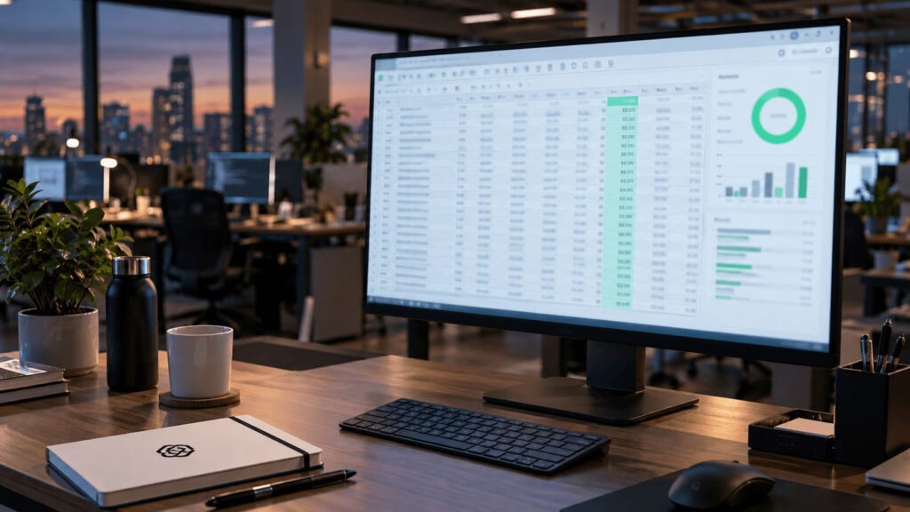 Monitor showing a spreadsheet of historical figures next to a green performance scorecard in a tech office.