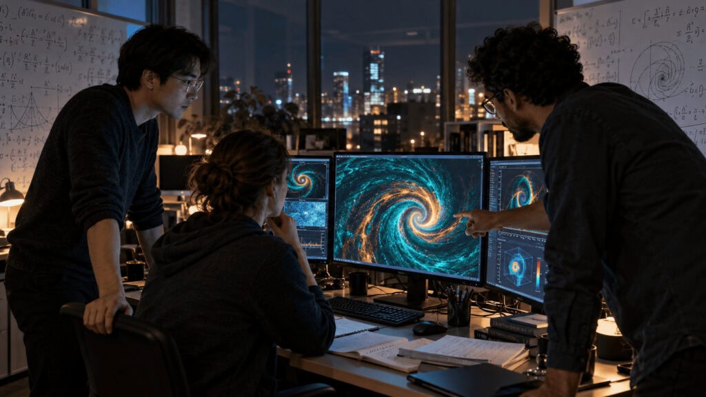 Researchers at an AI lab reviewing a spiraling fluid vortex simulation on monitors at night, with partial differential equations on whiteboards behind them.