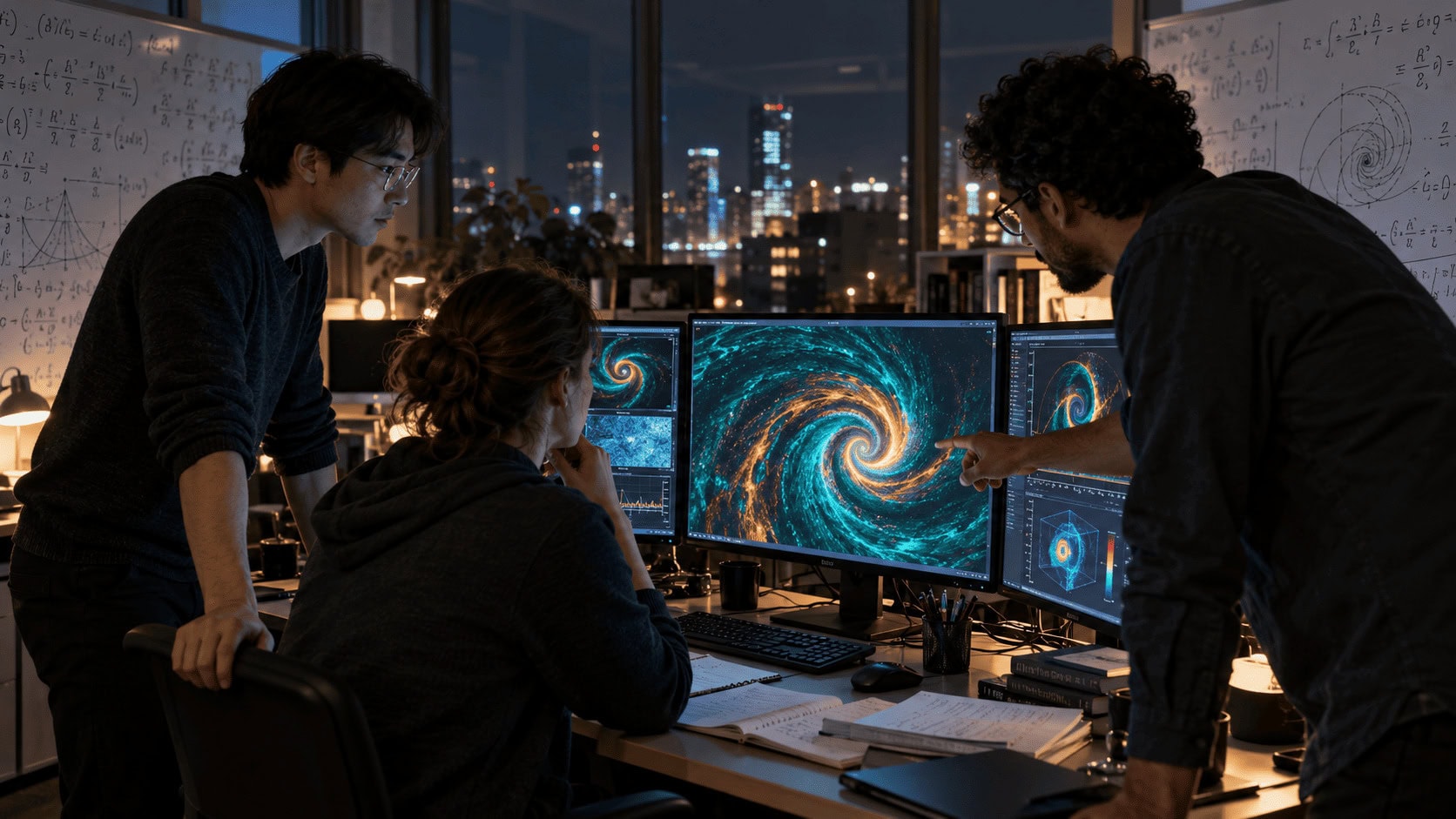 Researchers at an AI lab reviewing a spiraling fluid vortex simulation on monitors at night, with partial differential equations on whiteboards behind them.