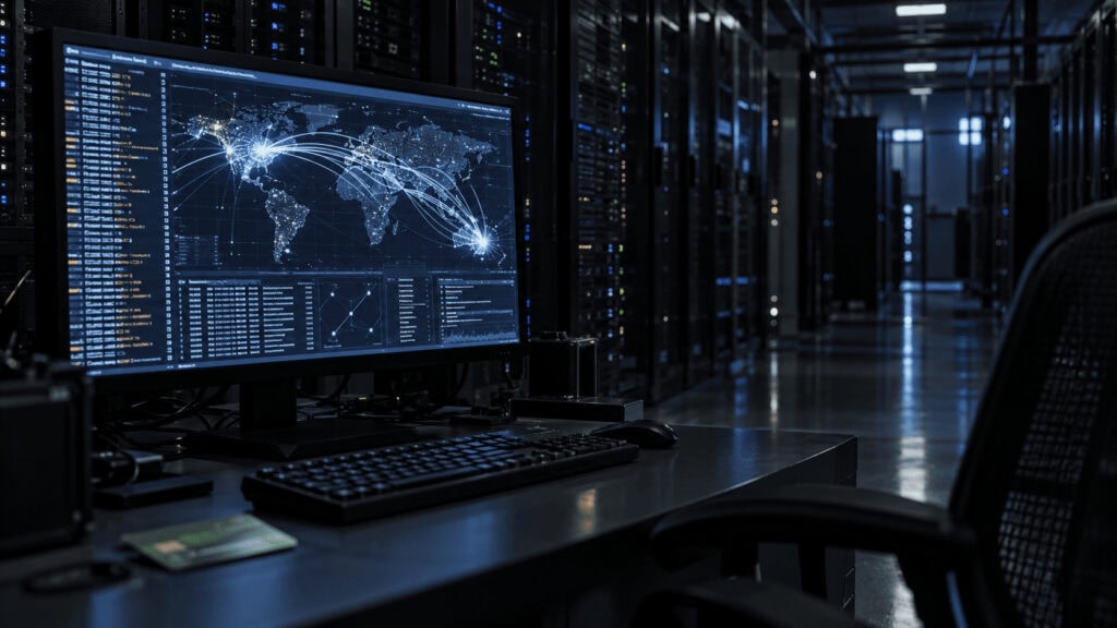 An empty, dimly lit government data center at night with a single glowing monitor showing network logs and a US-to-Australia connection map, illustrating an unmonitored AI agent moving through an unattended system.