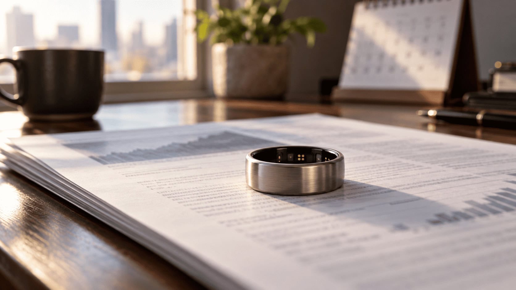 Anillo inteligente de titanio sobre un folleto impreso de la salida a bolsa, junto a un calendario de pared, que ilustra la cotización de Oura en el Nasdaq, que fue pospuesta