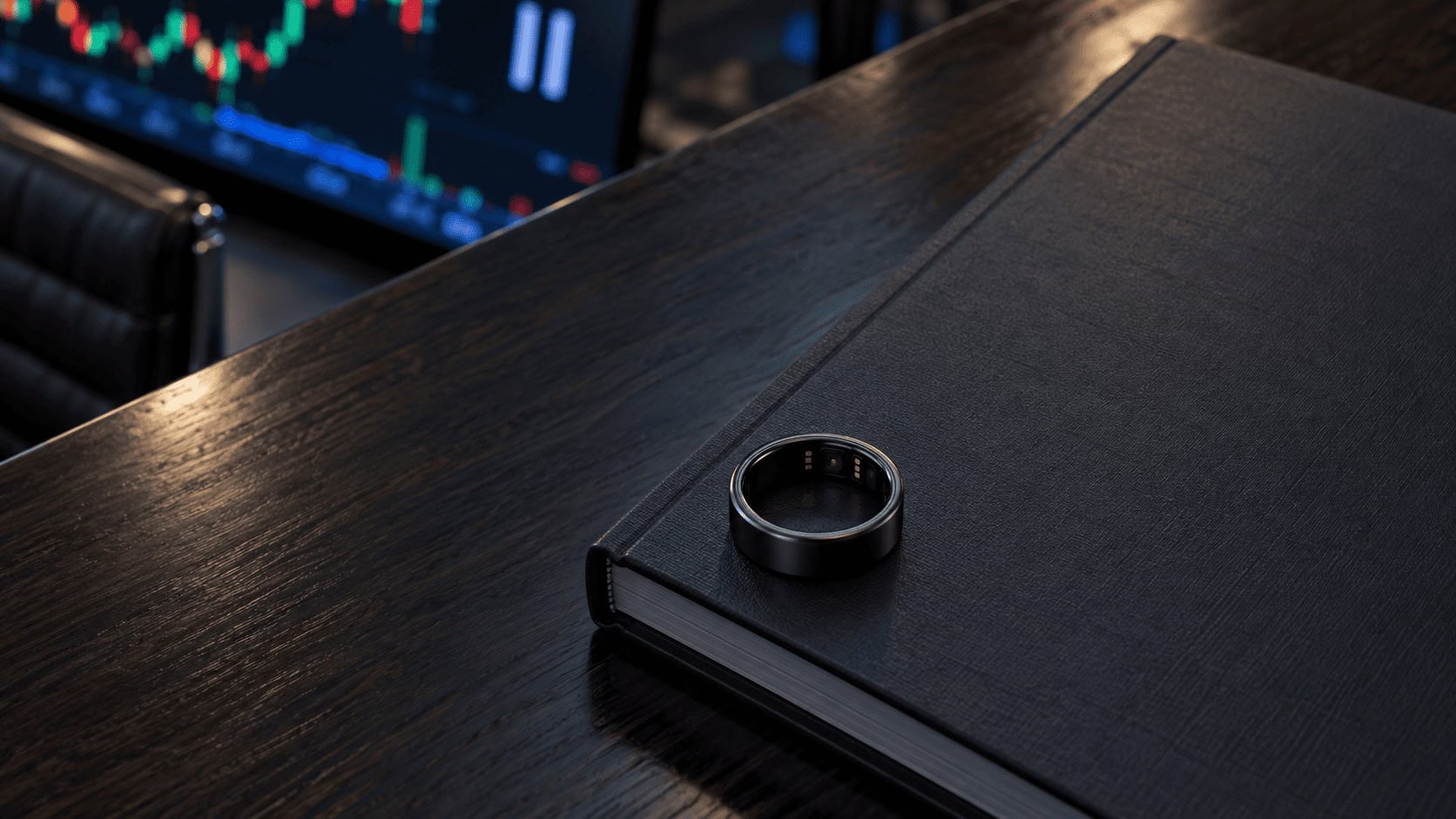 Photorealistic close-up of a matte black smart ring resting on a closed IPO prospectus binder on a dark boardroom table, a Nasdaq-style ticker display blurred in the background showing a paused status, cool evening light, no text.