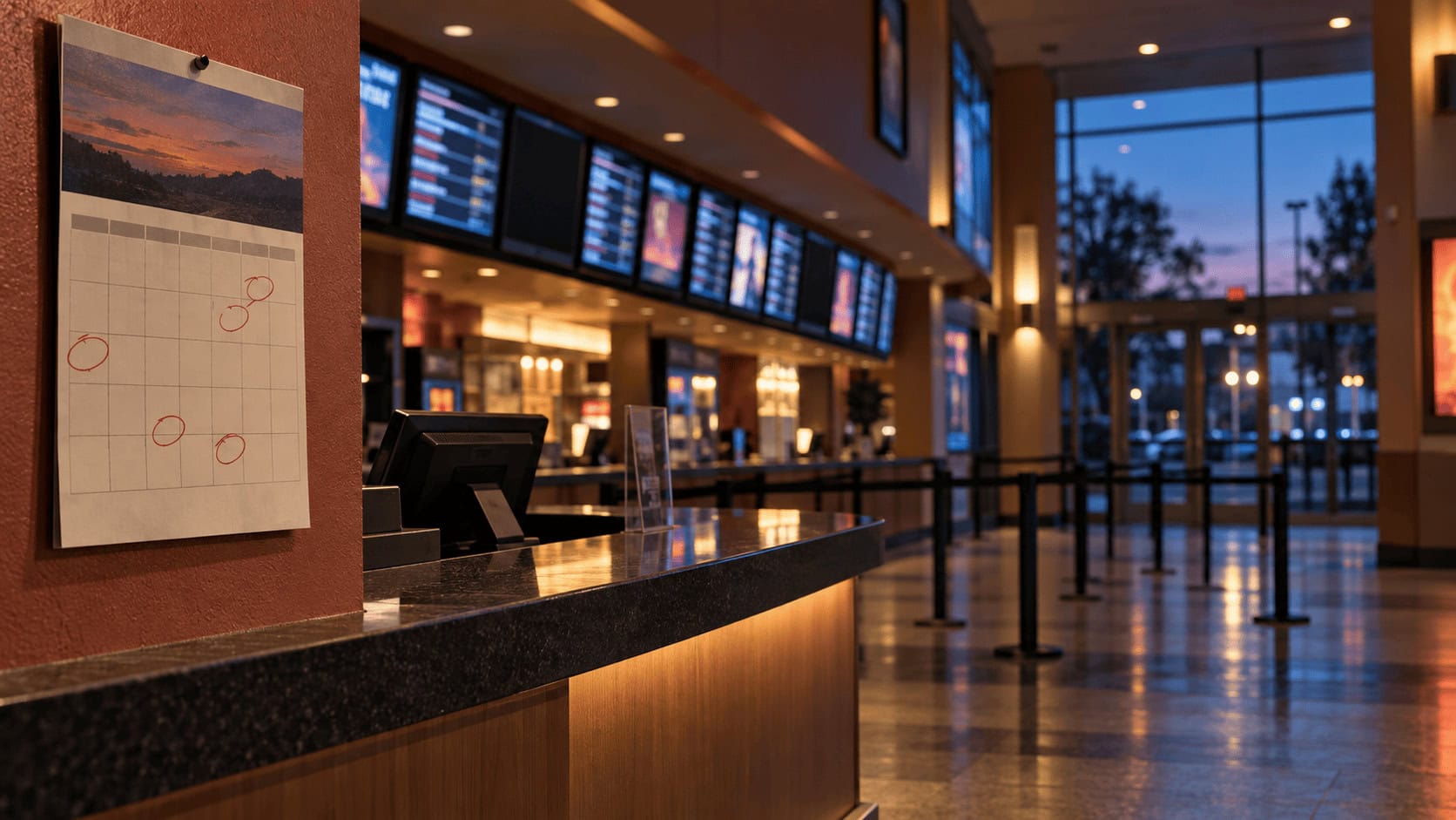 Le hall d'un multiplexe au crépuscule, avec une rangée d'écrans affichant les horaires de projection, certains plongés dans l'obscurité, alors que l'accord conclu par Paramount fixe un minimum de 20 films pour les sorties en salles à grande échelle.