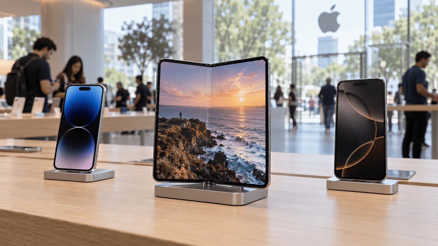 Foldable iPhone open on an Apple Store display table beside standard rectangular iPhones, showing a video filling the unfolded screen
