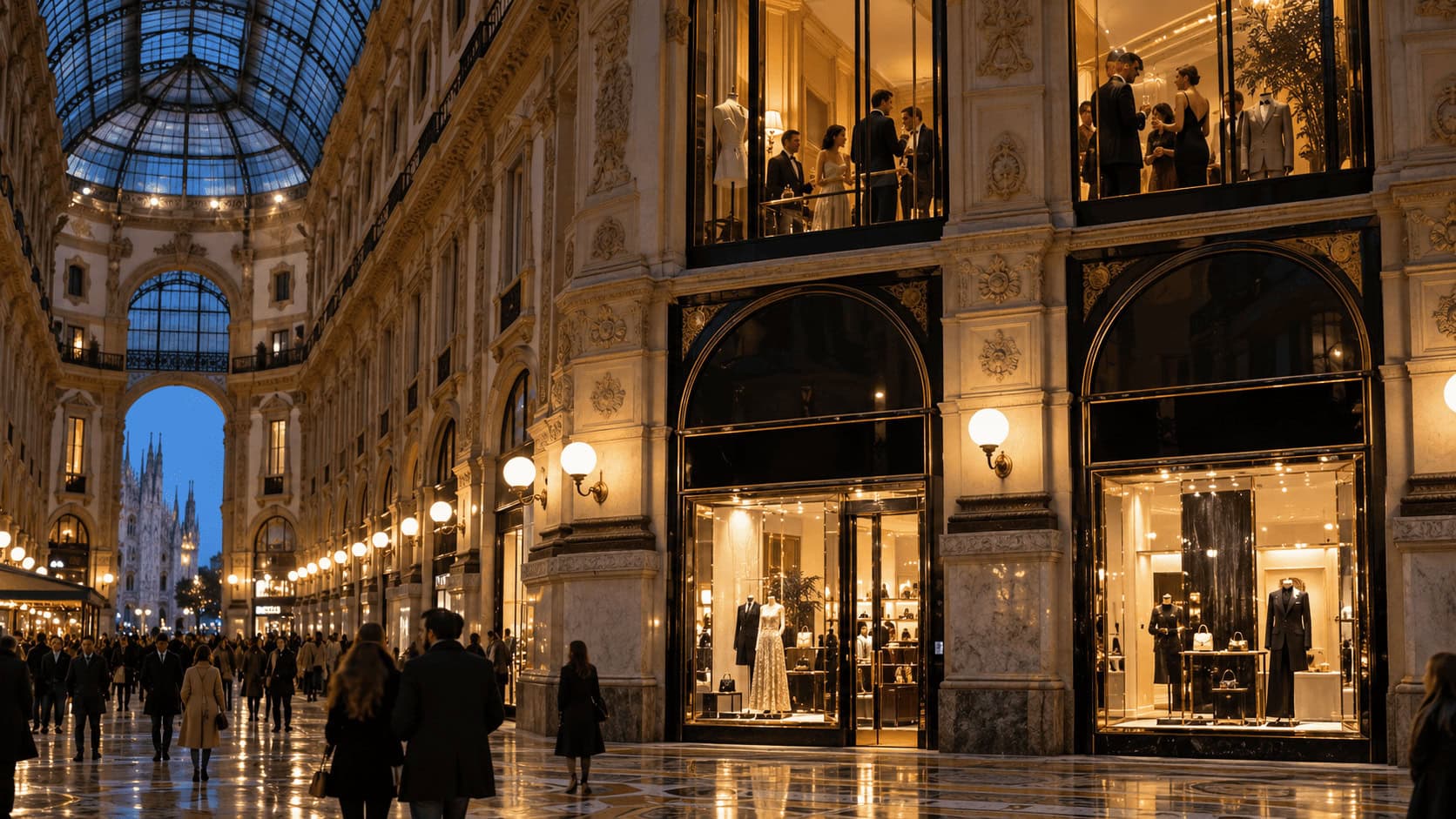 Salón privado para clientes en la planta superior, iluminado sobre una boutique de lujo dentro de la Galería Vittorio Emanuele II de Milán, con su cúpula de cristal, al anochecer