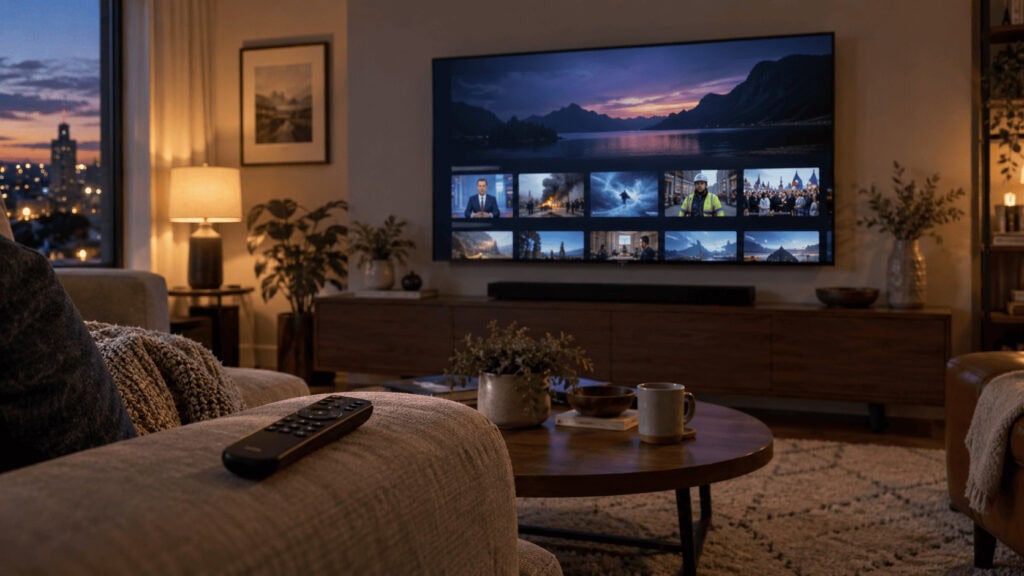Photorealistic evening living room, wall-mounted television showing a streaming app home screen with a row of small news thumbnails in a horizontal carousel, warm lamp light, a remote resting on the sofa arm, no burned-in text or logos.