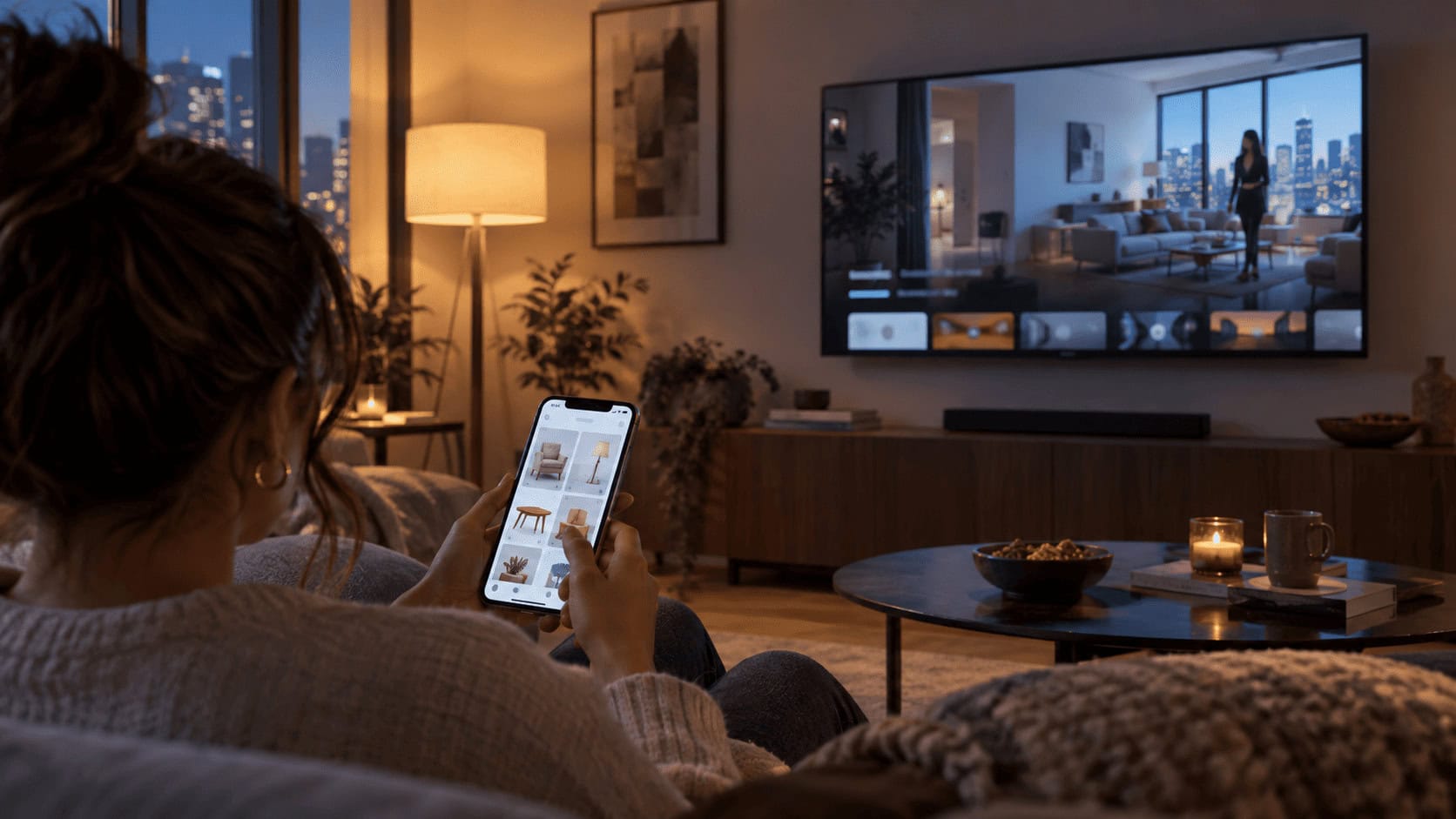 A viewer pausing a show on a living room television while holding a phone showing an Amazon shopping feed of products from the scene